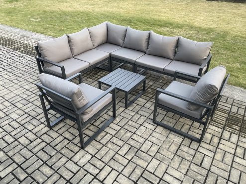 Fimous Aluminium Garden Furniture Set Outdoor Lounge Corner Sofa 2 Pcs Chair Square Coffee Table Sets Dark Grey 8 Seater