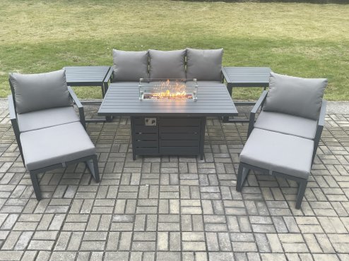 Fimous Aluminium Patio Outdoor Garden Furniture Lounge Sofa Set Gas Fire Pit Dining Table with 2 Side Tables 2 Big Footstools Dark Grey