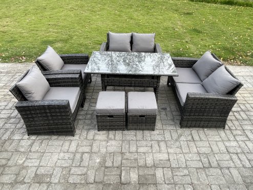 Fimous Rattan Garden Furniture Set Patio Outdoor Lounge Sofa Set with Oblong Dining Table Double Seat Sofa 2 Small Footstools Dark Grey Mixed
