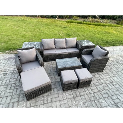 Fimous Rattan Garden Furniture Set Patio Outdoor Lounge Sofa Set with Rectangular Coffee Table 3 Footstools 3 Seater Sofa 2 Side Tables Dark Grey Mixed