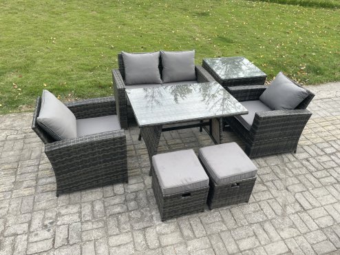 Fimous 6 Seater Outdoor Garden Furniture High Back Rattan Sofa Dining Table Set with SideTable 2 Small Footstools Dark Grey Mixed
