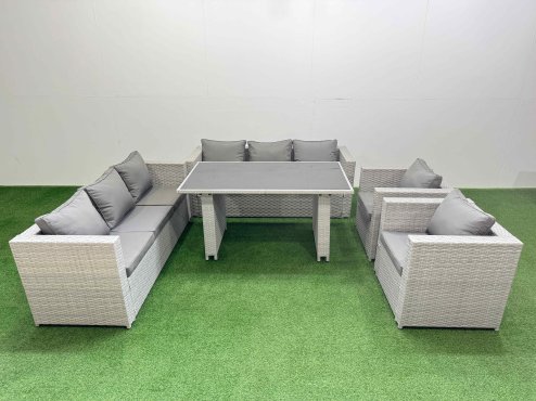 Fimous 8 Seater Wicker PE Rattan Furniture Outdoor Dining Table 3 Seater Sofa Armchair Set Light Grey