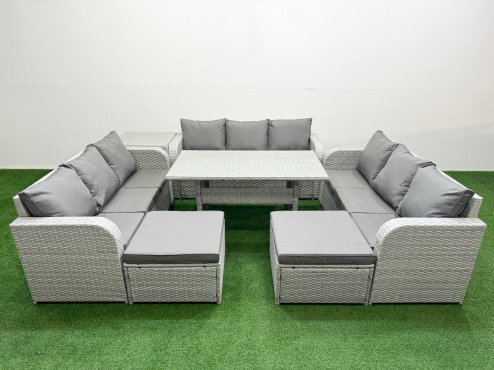Fimous PE Rattan Lounge Sofa Set 11 Seater Outdoor Garden Furniture Set with Rectangular Dining Table 3 Seater Sofa 2 Big Footstools Side Table Light Grey