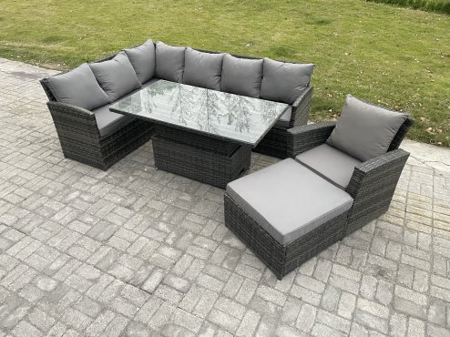 Fimous Wicker PE Outdoor Rattan Garden Furniture Set Height Adjustable Rising Lifting Table Sofa Dining Set with Big Footstool Armchair Dark Grey Mixed