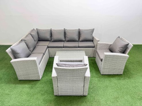 Fimous 8 Seater Garden Outdoor PE Rattan Furniture Set Rattan Garden Sofa Set with 2 Chair Light Grey Mixed