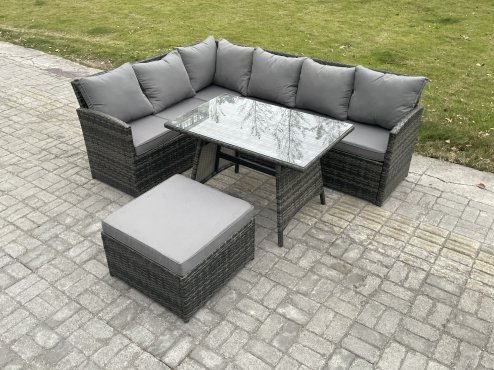 Fimous Rattan Garden Furniture Corner Sofa Set with Oblong Dining Table Big Footstool Outdoor Wicker Rattan Set Dark Grey Mixed
