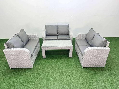 Fimous 6 Seater PE Wicker Rattan Furniture Sofa Sets with Oblong Coffee Table 2 Seater Love Sofa Light Grey