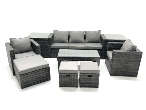 Fimous 8 Seater Rattan Garden Furniture Set Outdoor Lounger Sofa with Coffee Table 2 Armchair 3 Footstools 2 Side Tables Dark Grey Mixed