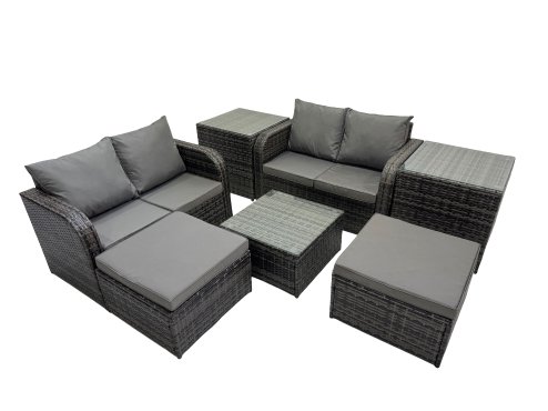 Fimous Rattan Garden Outdoor Furniture Set Love Sofa Square Coffee Table Set with 2 Side Table 2 Big Stools Dark Grey Mixed