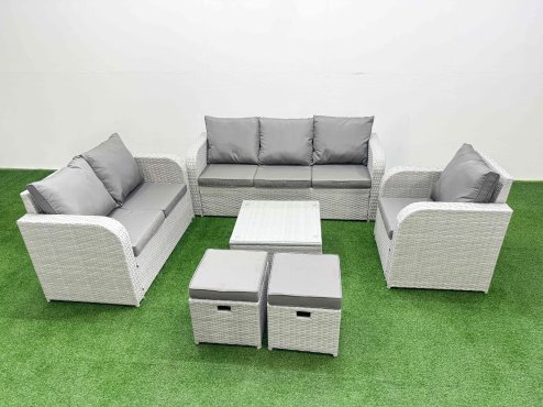 Fimous Patio PE Wicker 8 Seater Outdoor Rattan Furniture Sofa Sets with Square Coffee Table Reclining Chair Loveseat Sofa 3 Seater Sofa Stool Light Grey Image