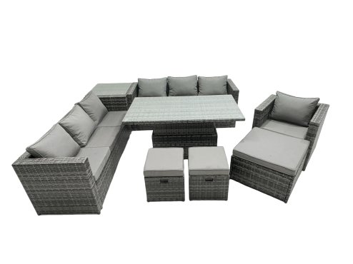 Fimous PE Rattan Garden Furniture Set Lounge Sofa Rising Dining Table Set with Side Table 3 Footstool Dark Grey Mixed
