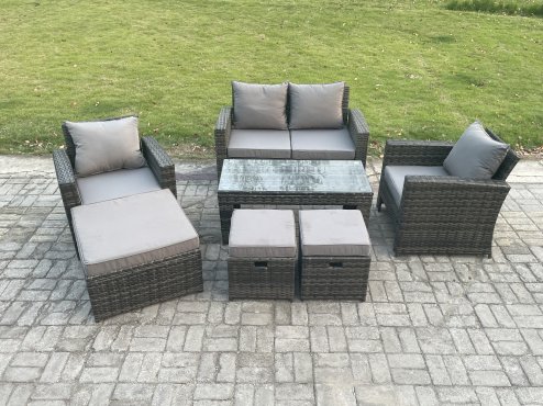 Fimous 7 Seater Outdoor Rattan Garden Furniture Set Patio Lounge Sofa Set with Coffee Table 3 Footstools Dark Grey Mixed