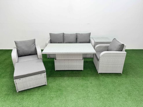 Fimous PE Rattan Garden Furniture Set Reclining Chair Sofa Lounge Sofa Set Adjustable Lifting Dining or Coffee Table Side Table Big Footstool Light Grey