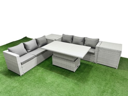 Fimous 5 PCs Rising Dining Table Set Rattan Furniture Set with 3 Seater Sofa 2 Side Tables Light Grey