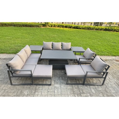 Fimous Garden Aluminium Furniture Set Dark Grey 10 Seater Outdoor Patio Adjustable Rising Lifting Dining Table with 2 Big Footstools Side Table Dark Grey