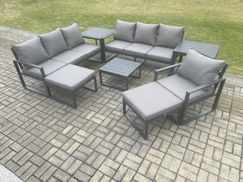 Fimous Aluminium Outdoor Lounge Sofa Set Garden Furniture Sets with Square Coffee Table Chair 2 Big Footstools 2 Side Tables Dark Grey
