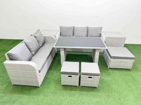 Fimous 9 Seater Rattan Outdoor Dining Table 3 Seater Sofa Set with 2 Side Tables 3 Stools Light Grey