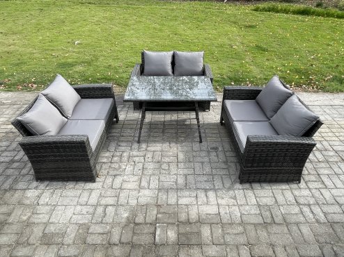 Fimous 6 Seater Rattan Wicker Garden Furniture Patio Conservatory Sofa Set with Rectangular Dining Table Love Seat Sofa