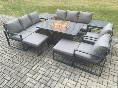 Fimous Aluminium Outdoor Garden Furniture Set Patio Lounge Sofa Gas Fire Pit Dining Table Set with 2 Side Tables 2 Big Footstools Dark Grey