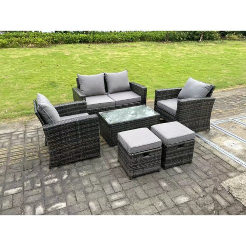 Fimous 6 Seater Dark Grey Mixed High Back Rattan Sofa Set Rectangular Coffee Table Garden Furniture Outdoor 2 Stools