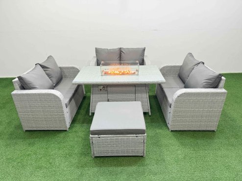 Fimous 7 Seater PE Wicker Rattan Furniture Sofa Sets with Firepit Dining Table 2 Seater Love Sofa Big Footstool Light Grey