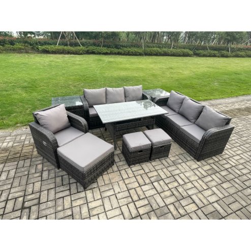 Fimous 10 Seater Outdoor Rattan Garden Furniture Set Oblong Rectangular Dining Table and Chairs Set with 3 Seater Sofa 3PC Footstools 2 Side Tables Dark Grey Mixed