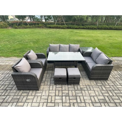 Fimous Dark Grey PE Wicker Rattan Garden Furniture Set Reclining Chair Love Sofa 2 Seater Sofa Set Outdoor Rectangular Dining Table 2 Small Footstools Side Tables 9 Seater