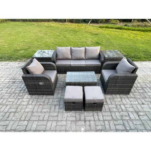 Fimous 7 Seater Rattan Garden Furniture Set Patio Outdoor Lounge Sofa Set with Rectangular Coffee Table 2 Small Footstools 3 Seater Sofa 2 Side Tables Dark Grey Mixed