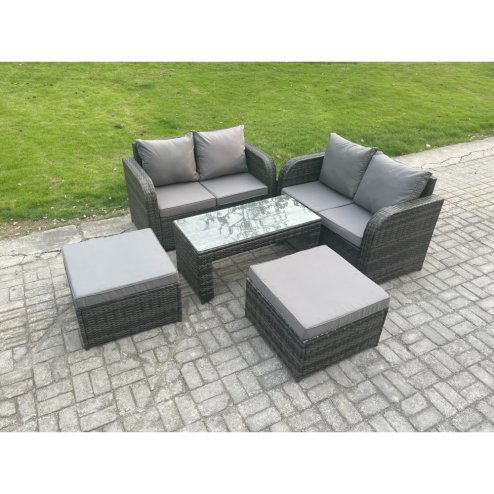 Fimous High Back Rattan Garden Furniture Set with Loveseat Sofa Rectangular Coffee Table 2 Big Footstool Indoor Outdoor Patio Lounge Sofa Set Dark Grey Mixed