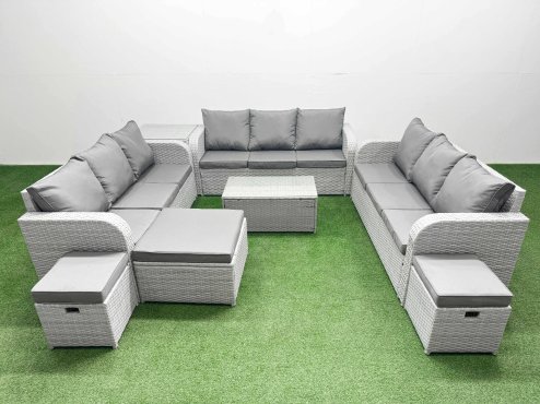 Fimous PE Rattan Lounge Sofa Set 12 Seater Outdoor Garden Furniture Set with Rectangular Coffee Table 3 Seater Sofa 3 Stools Side Table Light Grey Image