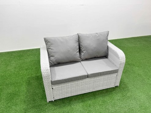 Fimous Light Grey PE Wicker Rattan Garden Furniture Set Sofa Set Reclining Adjustable Chair Square Coffee Table 6 Seater 2 Big Stools 2 Side Table