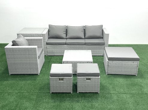 Fimous Garden Outdoor Furniture Set 7 Seater Rattan Sofa Set with 3 Footstools Armchair Side Table Light Grey Mixed
