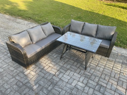 Fimous 6 Seater Garden Furniture Sofa Set Rectangular Dining Table Indoor Outdoor Rattan Set Dark Grey Mixed