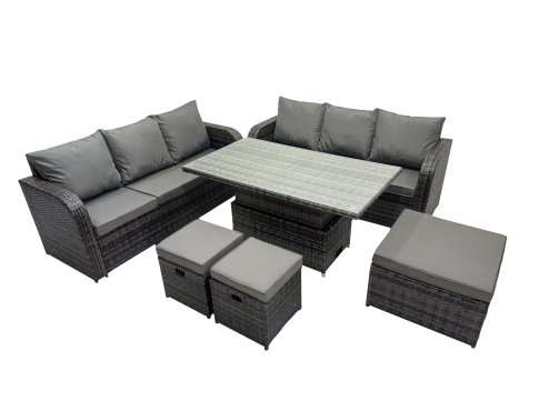 Fimous Rattan Garden Furniture Dining Set 9-seater Patio Height Adjustable Rising Lifting Table Sofa Set with 3 Footstools Dark Grey Mixed