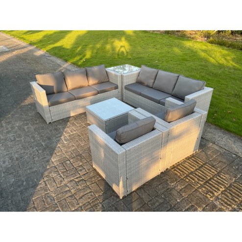 Fimous Light Grey Corner Rattan Garden Outdoor Sofa Set Chairs Sofa Side Table Square Coffee Table 8 Seater