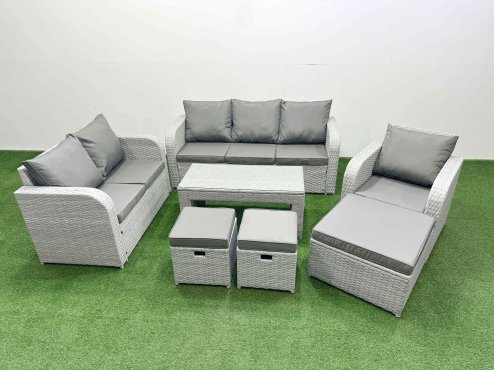Fimous Patio PE Wicker 9 Seater Outdoor Rattan Furniture Sofa Sets with Oblong Coffee Table Reclining Chair Loveseat Sofa 3 Seater Sofa Stool Light Grey