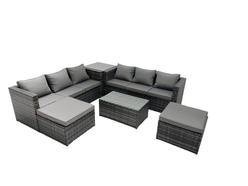 Fimous Rattan Garden Furniture Dining Set 8-seater Patio Coffee Table Sofa Set with Side Table 2 Big Footstools Dark Grey Mixed