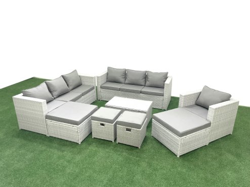 Fimous Rattan Garden Furniture Set 8 Pieces Outdoor Garden Sofa Chair Coffee Table Set with 4 Footstools Light Grey Mixed