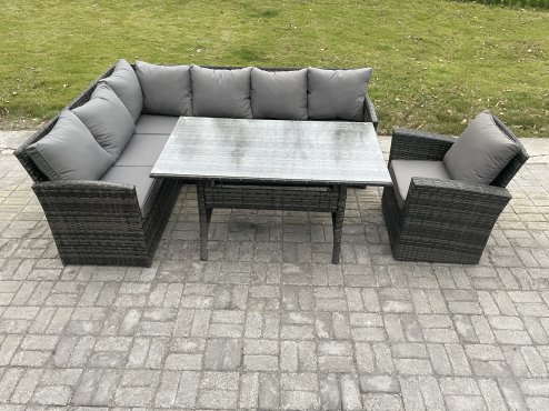 Fimous Outdoor Rattan Garden Furniture Corner Sofa Set with Rectangular Dining Table Armchair Patio Wicker Rattan Set Dark Grey Mixed