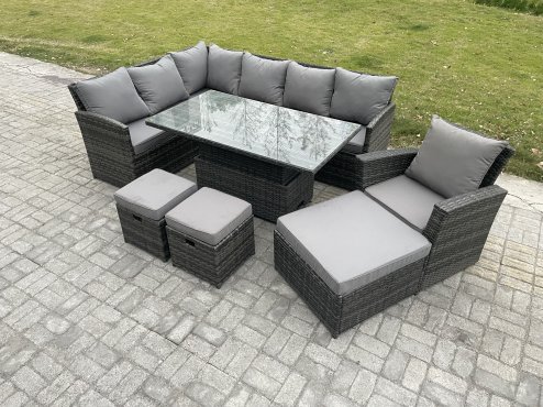 Fimous Outdoor Garden Furniture Set Wicker PE Rattan Height Adjustable Rising Lifting Table Sofa Dining Set with 3 Footstools Armchair Dark Grey Mixed