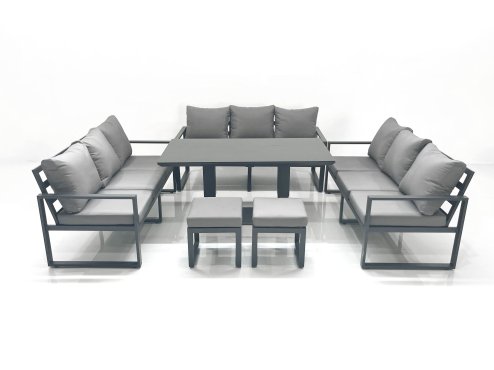Fimous 11 Seater Garden Sofa Set Aluminium Furniture Rising Dining Tabe Set wth 2 Small Footstools Dark Grey