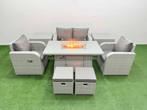 Fimous Light Grey PE Wicker Rattan Garden Furniture Set Sofa Set Reclining Chair Firepit Dining Table 6 Seater 2 Small Stools 2 Side Table