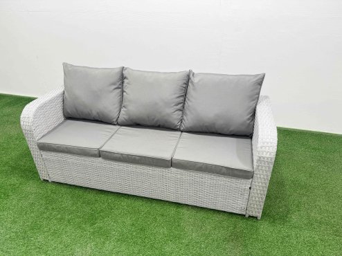 Fimous Patio PE Wicker 8 Seater Outdoor Rattan Furniture Sofa Sets with Rectangular Dining Table Reclining Chair Loveseat Sofa 3 Seater Sofa Stool 2 Side Table Light Grey