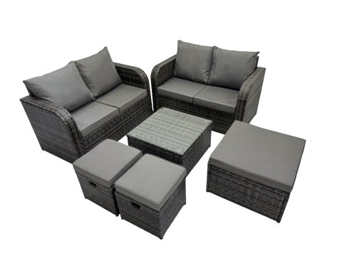 Fimous Rattan Garden Outdoor Furniture Set Love Sofa Square Coffee Table Set with 3 Stools Dark Grey Mixed