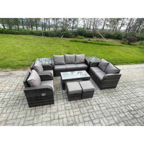 Fimous 9 Seater Outdoor Rattan Garden Furniture Set Rattan Lounge Sofa Set with Rectangular Coffee Table 2 Side Tables 2 Small Footstools Dark Grey Mixed