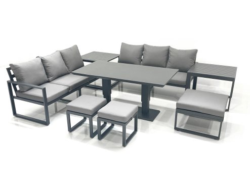 Fimous 9 Seater Aluminium Outdoor Garden Furniture Set with Adjustable Rising Lifting Dining Table 3 Seater Sofa 3 Footstools 2 Side Tables Dark Grey