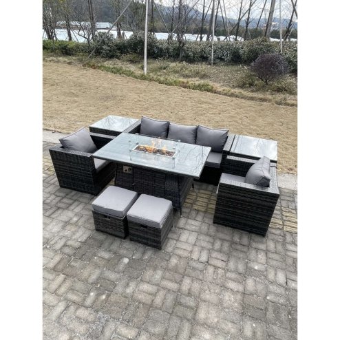 Fimous Outdoor PE Rattan Garden Furniture Gas Fire Pit Dining Table Armchairs With 2 Side Coffee Table Stools Dark Grey Mixed