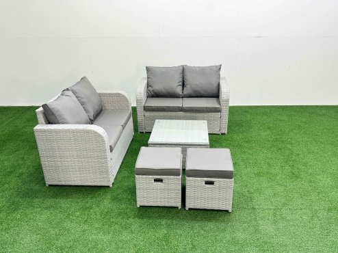 Fimous 6 Seater Outdoor Love Sofa Set Rattan Garden Furniture Set with Square Coffee Table 2 Small Stools Light Grey Image