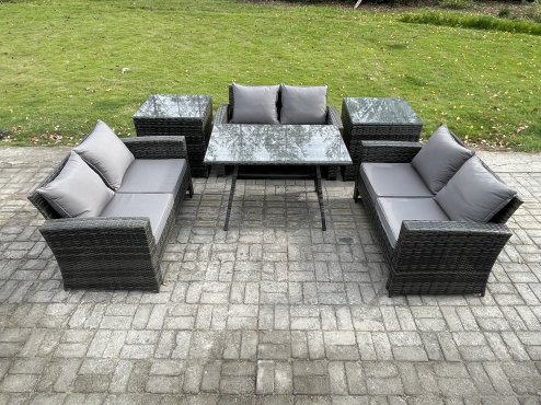 Fimous 6 PCS Outdoor Lounge Sofa Set Wicker PE Rattan Garden Furniture Set with Rectangular Dining Table Love Seat Sofa 2 Side Tables Dark Grey Mixed