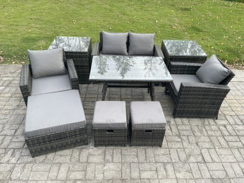 Fimous Rattan Wicker Garden Furniture Patio Conservatory Sofa Set with Rectangular Dining Table Armchair 2 Seater Sofa 3 Footstools 2 Side Tables